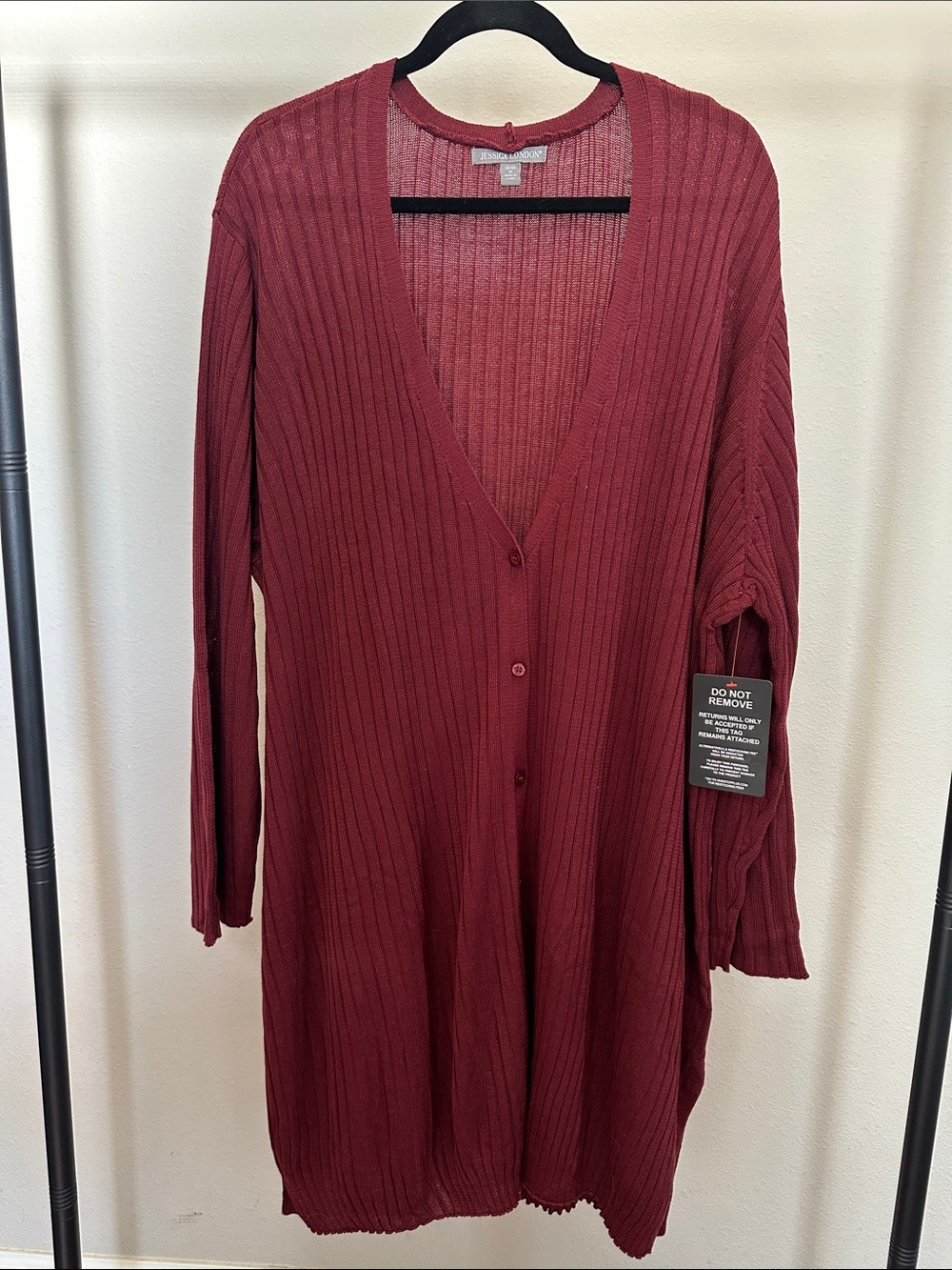 Jessica London Long Ribbed Button Cardigan in Deep Wine